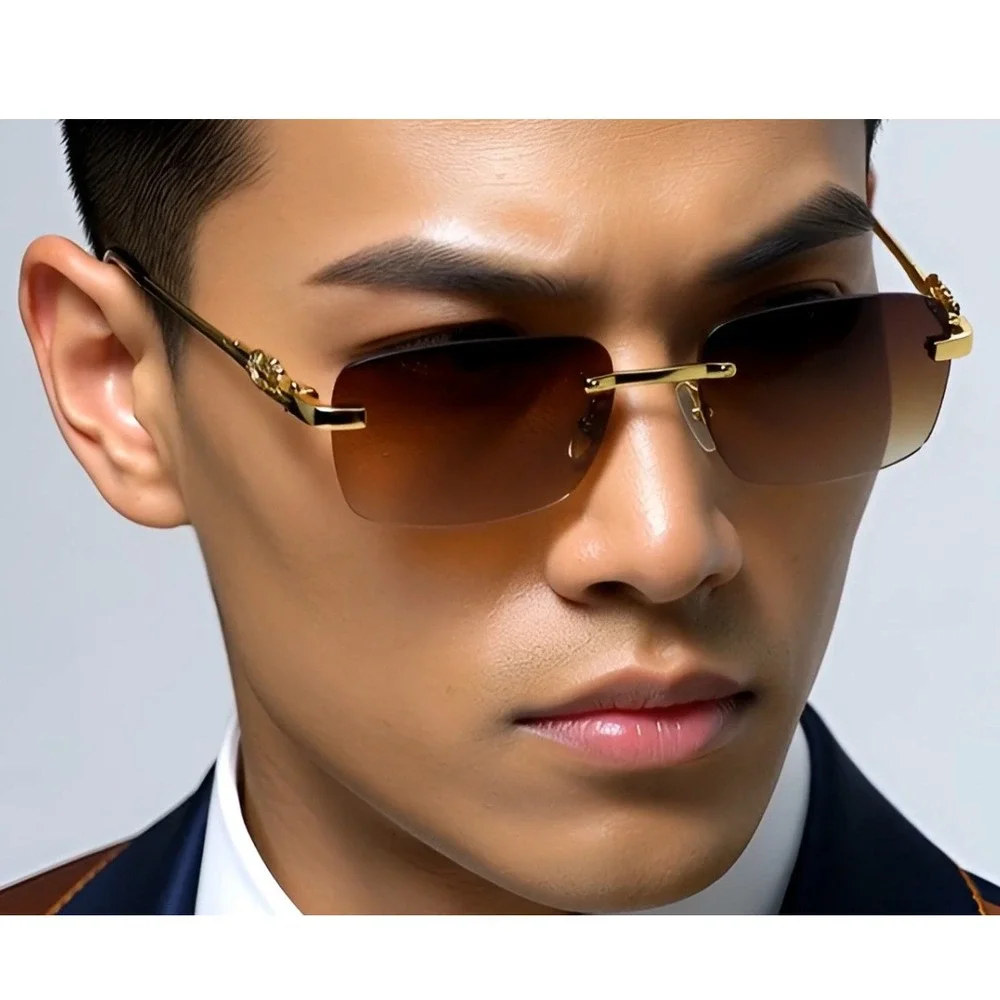 Rimless Sunglasses Gold Brown Lens Fashion‎ Shades Men Retro Small Outdoor Gafas